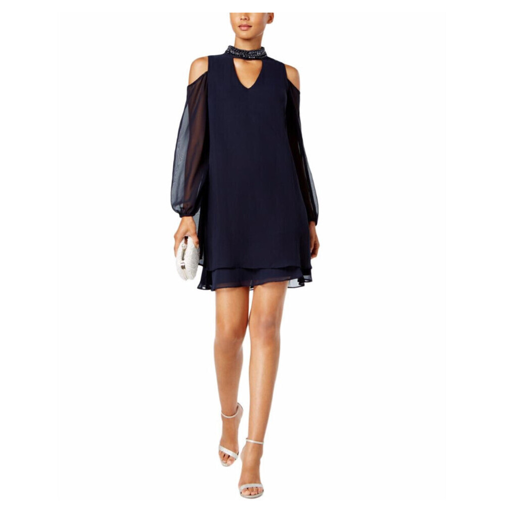 Xscape Beaded Choker Neck Cold Shoulder Shift Dress In Deep Navy Size 12 $241